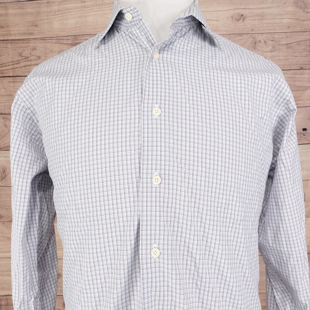 David Donahue Shirt Mens 16 34/35 Blue Brown Plaid Check Dress Button‎ Up